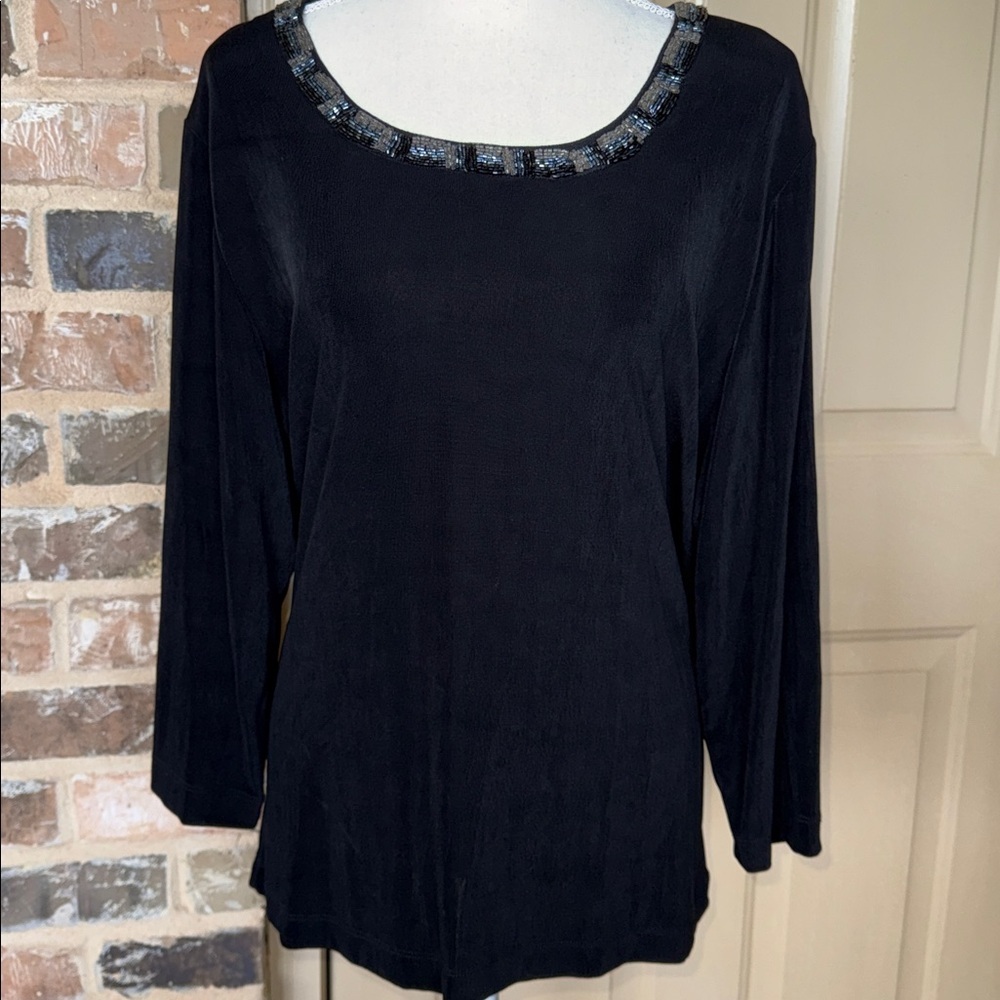 NWT Chico's Travelers Black 3/4 Sleeve Top with Beaded Scoop Neckline Sz 3/XL